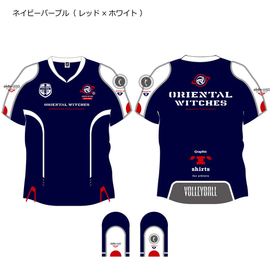 ウォームアップTシャツ（半袖ピステ） ネイビー（レッド×ダークグレー×ホワイト）